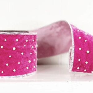 4" Hot Pink Velvet and Pearls 4"x5Y Wired Ribbon