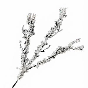 May include: A decorative branch featuring three stems covered in small, clear, faceted acrylic crystals that reflect light. The stems are dark brown and textured, branching out from a single base to create a sparkling, icy appearance.