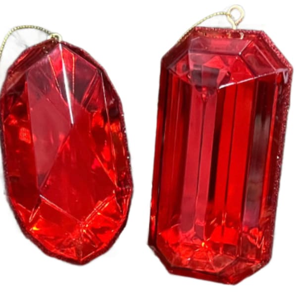 Set of 2, Red Gem Party Decorations-or Emerald Cut Ornaments, 5 Inch, Oblong and Rectangle Shape, Jewel, Wreath Attachment, Tree decor