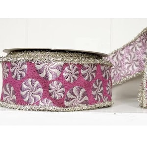 2.5&quot; x 10 yd Designer Sweet Pink Peppermint Jacquard Ribbon with Silver Tinsel Edging