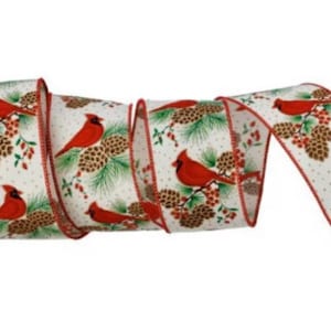 Designer White and Red Snowy Cardinal Wired Edge Christmas Ribbon 2.5 inch 10 yards
