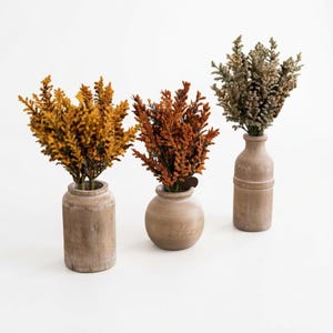 May include: Three small wooden vases with a light brown finish, each containing a different dried plant arrangement. The left vase holds yellow-gold sprigs, the center round vase holds rust-colored sprigs, and the right vase holds green-grey sprigs.