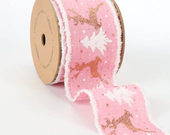 Reindeer and Trees Pink Christmas Ribbon 10 yard 2.5" Wreath Decorations