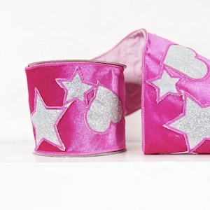 4 inch Hot Pink Velvet with Hearts and Stars Wired Ribbon
