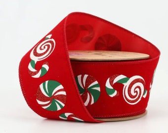 Puff Printed Candy Red Flocked Christmas Tree Wired Edge Ribbon - 2.5"  Tree Trimming Decoration Holiday Craft Supply 30'