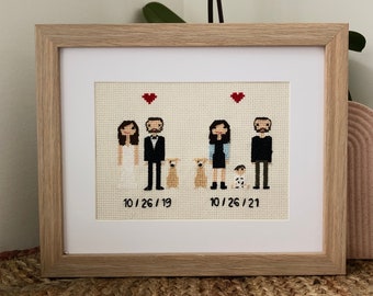 Regalo del segundo aniversario, punto de cruz de retrato familiar, regalo de aniversario de algodón, regalo de segundo aniversario para él, regalo de aniversario para su esposa