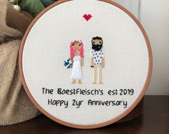 Regalo de segundo aniversario, retrato familiar en punto de cruz, regalo de aniversario de algodón, regalo de segundo aniversario para él, regalo de aniversario para esposa