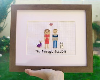 Custom Family portrait cross stitch, regalo de aniversario de algodón personalizado, punto de cruz personalizado, regalo de aniversario de boda, regalo de la familia de punto de cruz