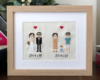 Regalo de segundo aniversario, retrato familiar en punto de cruz, regalo de aniversario de algodón, regalo de segundo aniversario para él, regalo de aniversario para esposa