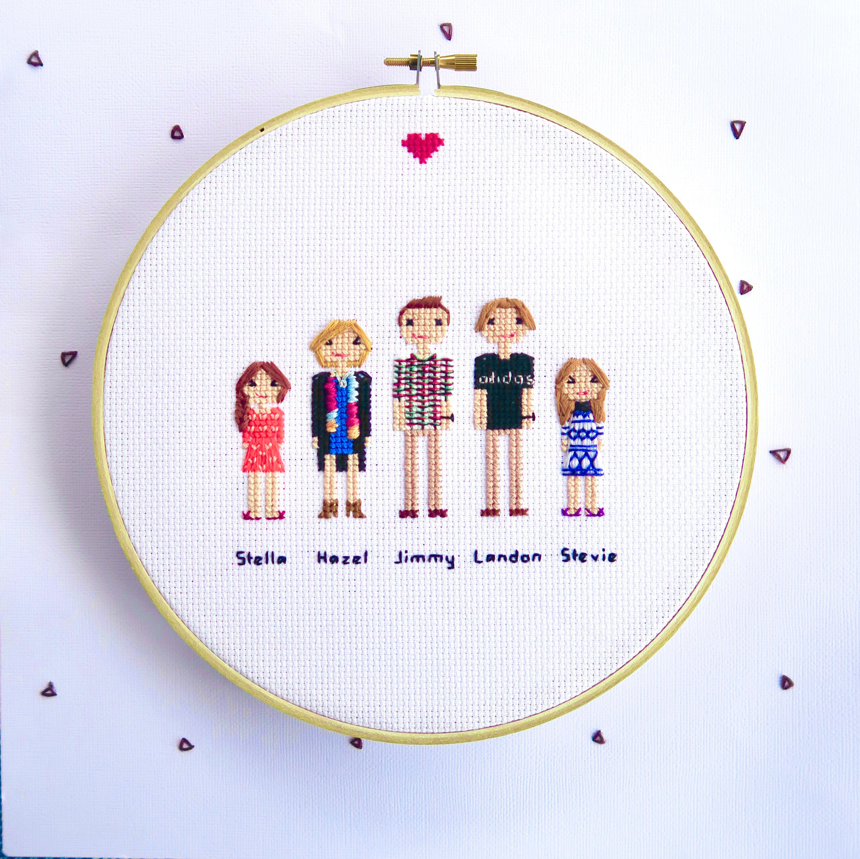 custom family portrait,cotton anniversary gift,personalised family cross stitch portrait,wedding anniversary gift, family portrait gift idea