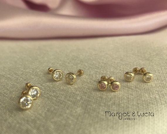 3mm Genuine Garnet Baby Earrings in 14K Yellow Gold - The Jewelry Vine