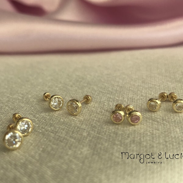 10K gold Single earring or Pair. Safe studs. Baby girl | newborn pierced gold earrings. Perfect for mix and match | clear | pink | red.