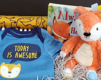 Baby Shower Gifts for Boys  Baby Boy Gift Bag Fox  Baby Boy Shower Gift Basket Fox  Newborn Baby Boy Gifts  Newborn, New Baby Gift Basket