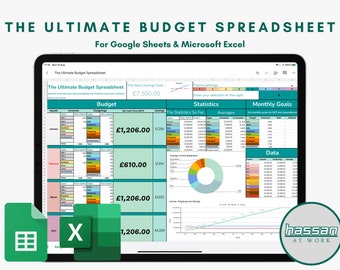 May include: A screenshot of a tablet displaying a spreadsheet titled "The Ultimate Budget Spreadsheet" for Google Sheets and Microsoft Excel. The spreadsheet includes sections for income, outgoings, net cash flow, savings, statistics, and monthly goals. The spreadsheet is color-coded and includes charts and graphs.