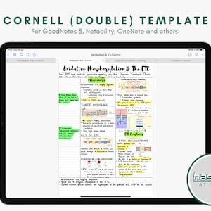 May include: A digital tablet displaying a Cornell note-taking template with handwritten notes on oxidative phosphorylation and the electron transport chain. The notes include diagrams and text in green, yellow, and red highlighting. The template is labelled "Cornell (Double) Template" and is for use with GoodNotes 5, Notability, OneNote, and other note-taking apps.