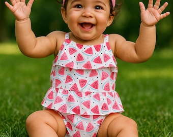 Watermelon Print Baby Tank Bodysuit, Summer One-Piece Outfit with Ruffle Skirt