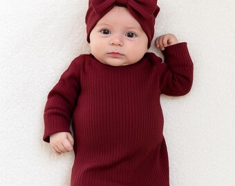 Merlot Red Infant Knotted Gown & Bow Hat Set – Baby Girl Coming Home Outfit