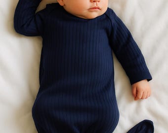 Navy Ribbed Knotted Gown, Gender Neutral Baby Coming Home Outfit