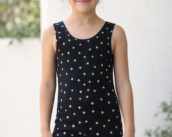 Kid's Shorty Gymnastics Unitard: Black with Gold Stars, Spandex Nylon Material