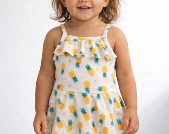 Pineapple Print Skirted Tank Bodysuit: Cotton One-Piece Outfit with Snaps