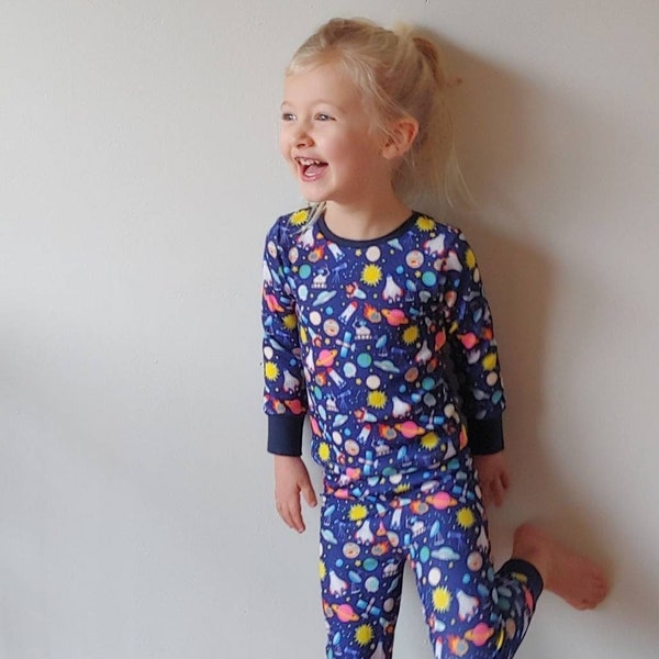 Children's Galaxy Pajamas, Space Pajamas, Blue Kid Clothing, Boys Astronaut PJs, Toddler Girl Rocket Ship PJs, Slumber Party, Science STEM