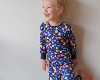 Children's Galaxy Pajamas, Space Pajamas, Blue Kid Clothing, Boys Astronaut PJs, Toddler Girl Rocket Ship PJs, Slumber Party, Science STEM