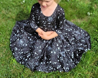 Black Galaxy Dress with Pockets, 3/4 Sleeves, Moon Stars Space Celestial, Casual Twirl Skirt, Midi Style, Skater Loose Fit, 12M - 12 Years