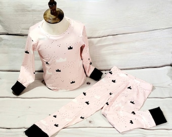 Pink Princess Pajamas, Pajamas with Crowns, Princess Birthday Party, Pink and Black, Unique Kids Clothing, Polyester PJs, Toddler Outfits