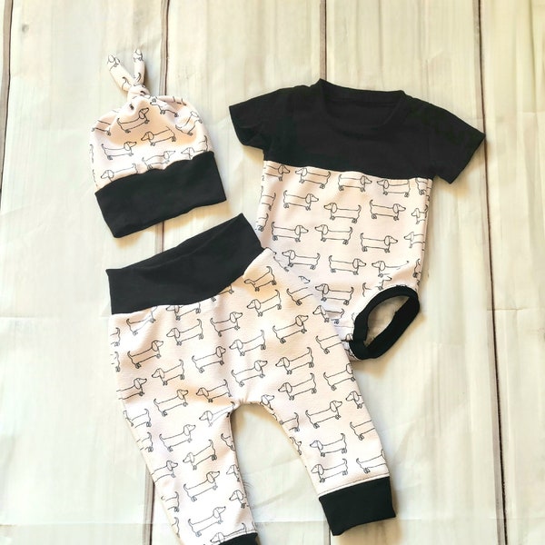 Baby Dachshunds Outfit, Short Sleeve Onesie Black, Toddler 3-piece Set, Wiener Dog Baby Clothes, Baby Dachshund, Baby Registry, Baby Shower