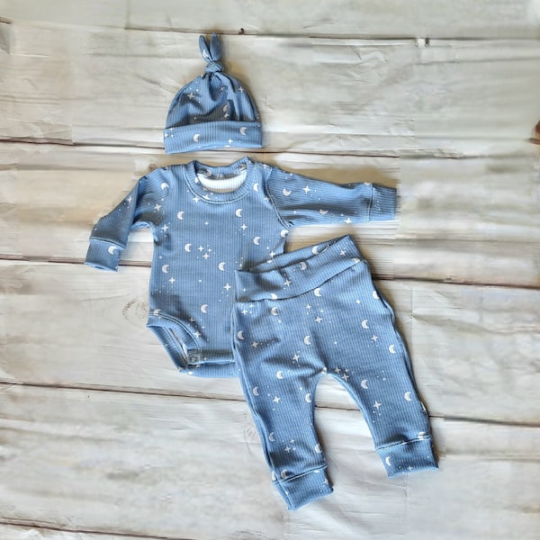 Gender Neutral Baby Outfit, Blue Long Sleeve Galaxy Bodysuit, Onesie, Hat and Pants Set, Sizes Preemie to 18 months,