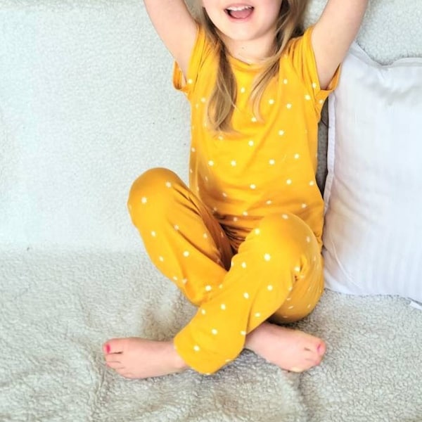 Yellow Pajamas Set with Stars, Unisex Neutral Kids Pajama Set, Soft Snug Fit Cotton, T-shirt or Long Sleeve, Pants or Shorts, Toddler Outfit