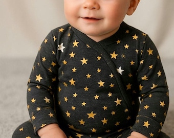Magnetic Baby Romper: Black French Terry with Gold Stars