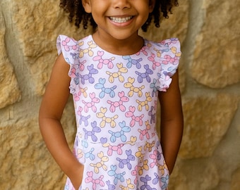 Girls' Balloon Animal Twirl Dress: Ruffle Sleeve Cotton Knit with Pockets