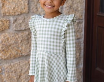 Sage Gingham Dress with Pockets: Soft Ribbed Cotton Knit Dress for Kids