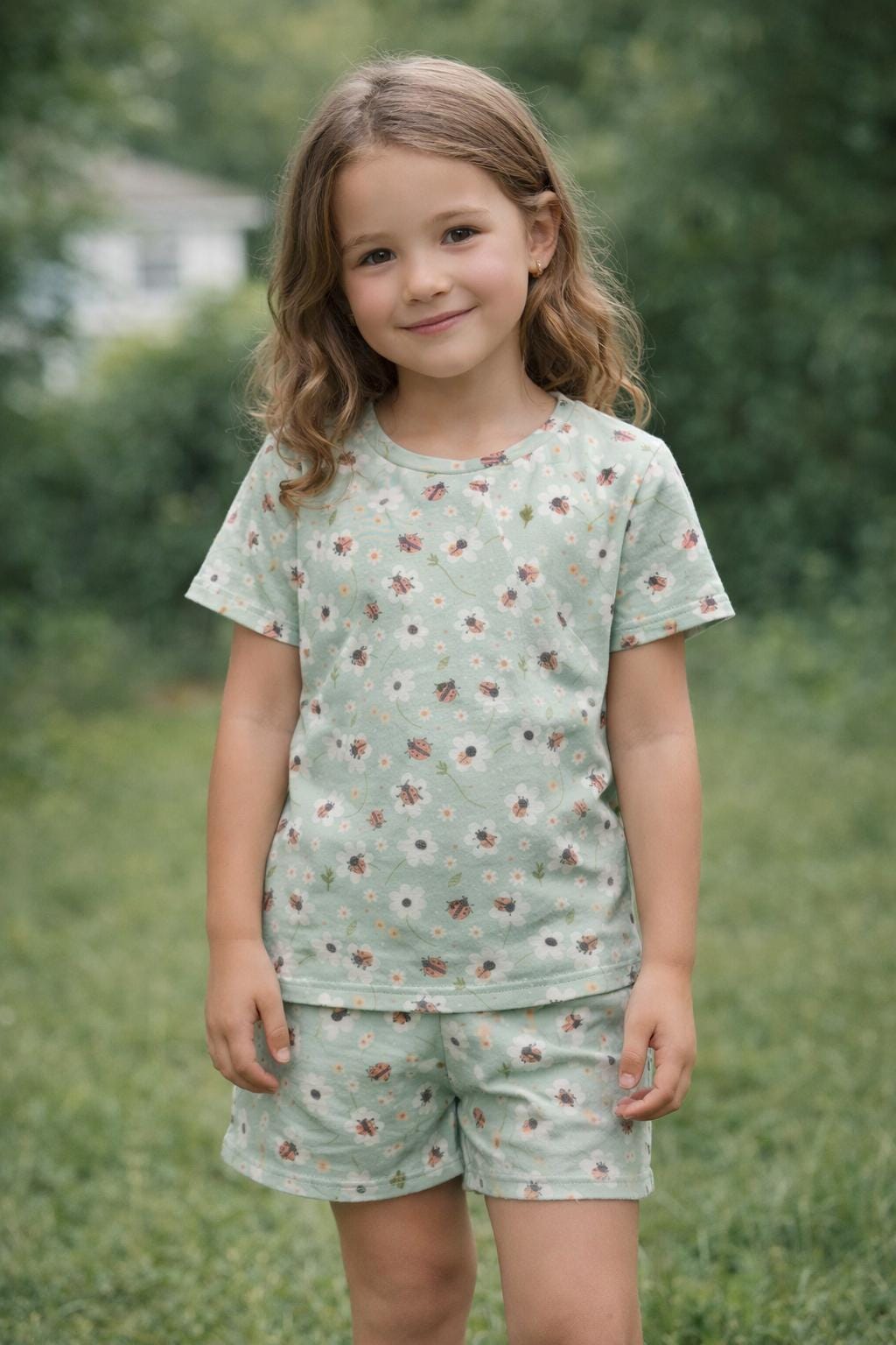 Girl's Cotton Ladybug Outfit Set: Green with White Daisies