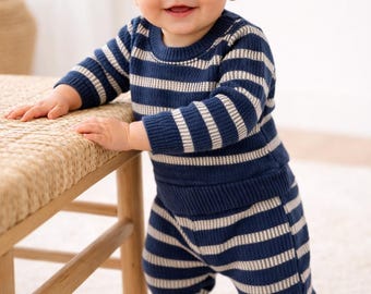 Sweater Knit Baby Romper, Blue Striped One Piece, Envelope Opening Style, Adaptive Clothing