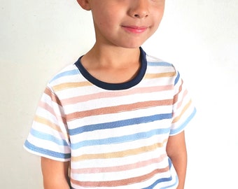 Kids' Striped Cotton T-Shirt, Loose Fit, Neutral Tone Stripes, Everyday Wear, Sustainable Fashion