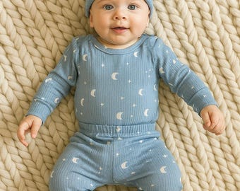 Galaxy Baby Outfit: Blue Bodysuit, Hat & Pants Set - Newborn to 18 Months