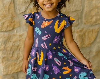 Dinosaur Twirl Dress: Neon Fossil Print, Customizable Sleeves