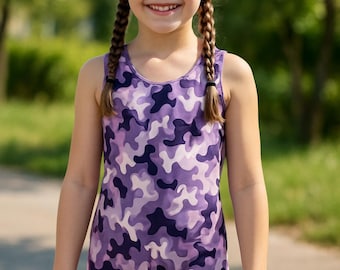Kid's Purple Camo Gymnastics Leotard: Spandex Dance Singlet, Sleeveless or Long-sleeve