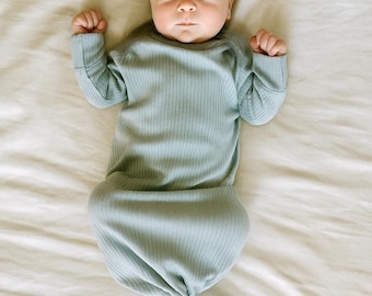 Soft Ribbed Baby Knotted Gown, Light Sage Green, Cozy Gender Neutral Coming Home Outfit
