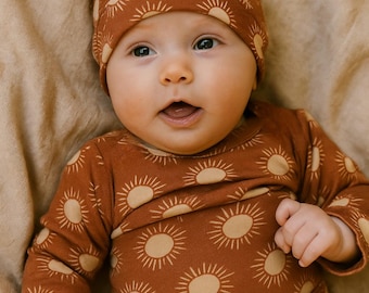 Boho Sun Baby Outfit: Rusty Brown Bodysuit, Hat & Pants Set