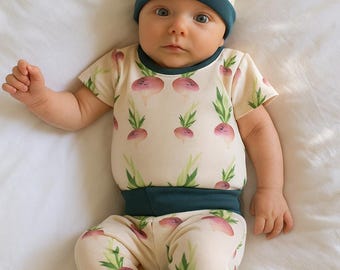 Vegetable Print Baby Outfit: French Terry Cotton Onesie, Pants & Hat
