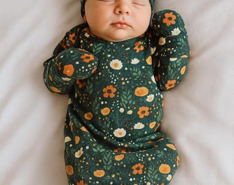 Infant Knotted Gown & Bow Hat Set, Floral Baby Outfit with Foldover Mittens