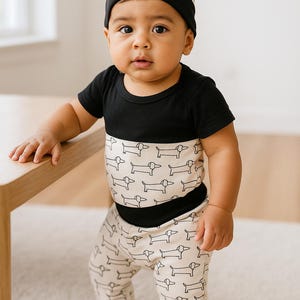 Dachshund Baby Outfit: Cotton Onesie, Pants & Hat Set