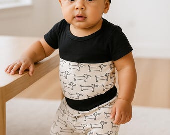 Dachshund Baby Outfit: Cotton Onesie, Pants & Hat Set