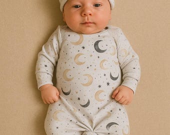 Moon Print Baby Gown and Hat Set: Soft Cotton Knit, Neutral Celestial Theme