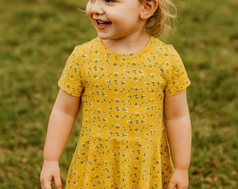 Girls' Yellow Floral Dress, Toddler Short Sleeve Dress with Pockets
