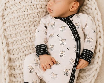 Gender Neutral Baby One-Piece, Foxes, Stripes, Snap Closure