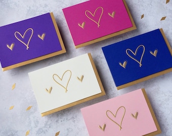 Luxury Heart Greeting Card Pack of 5, assorted colours with gold envelopes